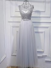 Top Selling Sleeveless Tulle Floor Length Lace Up Prom Dresses in Grey with Beading and Sequins