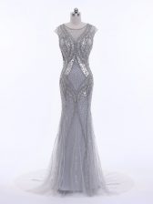 Grey Zipper Scoop Beading Evening Dress Tulle Cap Sleeves Brush Train
