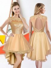 High Class Sleeveless High Low Beading and Lace Backless Quinceanera Dama Dress with Champagne