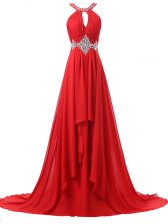  Halter Top Sleeveless Prom Dresses Brush Train Beading and Ruching Red Chiffon