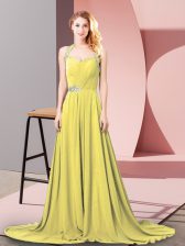 Chic Gold Zipper Dress for Prom Beading and Ruching Sleeveless Brush Train