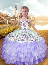  Organza and Taffeta Straps Sleeveless Lace Up Embroidery and Ruffled Layers Pageant Gowns For Girls in Lavender