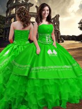  Taffeta Strapless Sleeveless Zipper Embroidery and Ruffled Layers Sweet 16 Quinceanera Dress in Green