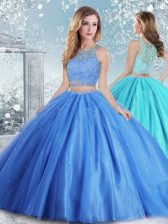 Chic Tulle Scoop Sleeveless Clasp Handle Beading and Sequins Ball Gown Prom Dress in Baby Blue
