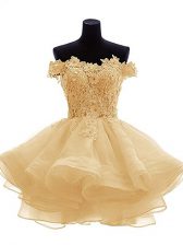  Sleeveless Organza Mini Length Zipper Prom Party Dress in Gold with Lace and Appliques and Ruffles