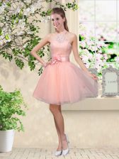 Exquisite Knee Length Lace Up Quinceanera Dama Dress Peach for Prom and Party with Lace and Belt