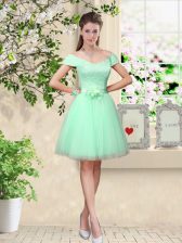 Stunning Apple Green A-line Tulle V-neck Cap Sleeves Belt Knee Length Lace Up Quinceanera Dama Dress