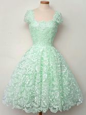  A-line Quinceanera Court of Honor Dress Apple Green Straps Lace Cap Sleeves Knee Length Lace Up