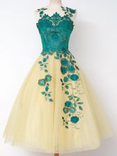 Flare Gold Sleeveless Knee Length Appliques Lace Up Court Dresses for Sweet 16