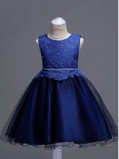 Simple Lace Child Pageant Dress Navy Blue Zipper Sleeveless Knee Length