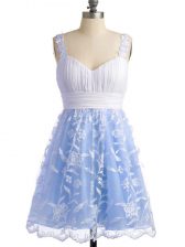  Sleeveless Lace Knee Length Lace Up Quinceanera Court of Honor Dress in Light Blue with Lace