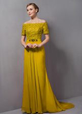 Smart Yellow Empire Chiffon Off The Shoulder Short Sleeves Lace Zipper Prom Dresses Sweep Train