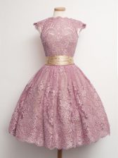  Knee Length Peach Quinceanera Dama Dress Lace Cap Sleeves Belt