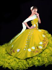  Gold Sleeveless Organza Brush Train Lace Up Quinceanera Dresses for Military Ball and Sweet 16 and Quinceanera