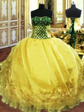 Adorable Organza Sweetheart Sleeveless Lace Up Embroidery and Ruffles Sweet 16 Dresses in Gold