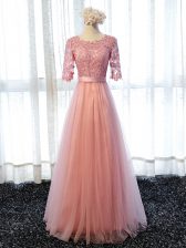  Scoop Half Sleeves Quinceanera Dama Dress Floor Length Lace Pink Tulle