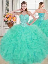 Fashionable Sweetheart Sleeveless Sweet 16 Quinceanera Dress Floor Length Beading and Ruffles Turquoise Organza