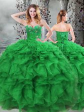  Green Ball Gowns Beading and Ruffles Quinceanera Gowns Lace Up Organza Sleeveless Floor Length