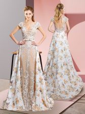  White Short Sleeves Chiffon Brush Train Backless Prom Evening Gown for Prom and Party and Military Ball and Beach