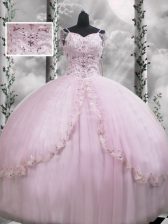  V-neck Cap Sleeves Brush Train Side Zipper Quinceanera Dress Lilac Tulle