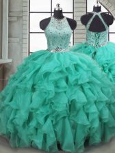  Ball Gowns Sleeveless Turquoise Quinceanera Dress Brush Train Lace Up