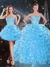 Elegant Organza Sweetheart Sleeveless Lace Up Beading and Ruffles Quinceanera Gown in Baby Blue