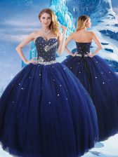Designer Floor Length Navy Blue Quinceanera Gown Tulle Sleeveless Beading