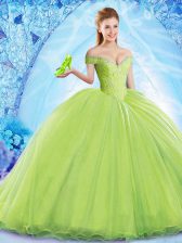  Yellow Green Ball Gown Prom Dress Organza Brush Train Sleeveless Beading
