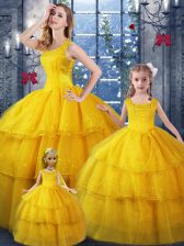 Edgy Gold Sleeveless Floor Length Ruffled Layers Lace Up Quinceanera Gowns