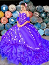 Purple Sweetheart Neckline Embroidery and Ruffles Quinceanera Gowns Sleeveless Lace Up