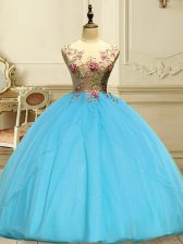 Sweet Baby Blue Organza Lace Up Quinceanera Gown Sleeveless Floor Length Appliques