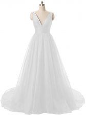  White Homecoming Dress Organza Brush Train Sleeveless Ruching