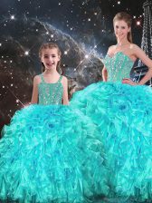  Aqua Blue Organza Lace Up Vestidos de Quinceanera Sleeveless Floor Length Beading and Ruffles