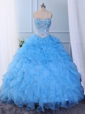 Custom Designed Sleeveless Floor Length Beading and Embroidery and Ruffled Layers Lace Up Vestidos de Quinceanera with Baby Blue