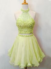 Suitable Knee Length Two Pieces Sleeveless Yellow Green Dama Dress for Quinceanera Lace Up