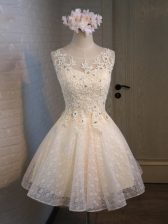 Custom Made Champagne Scoop Lace Up Lace and Appliques and Belt Prom Dress Sleeveless