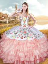  Peach Lace Up Sweetheart Embroidery and Ruffled Layers Sweet 16 Quinceanera Dress Organza and Taffeta Sleeveless