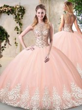 Fashion Sleeveless Tulle Floor Length Backless Sweet 16 Quinceanera Dress in Peach with Beading and Appliques