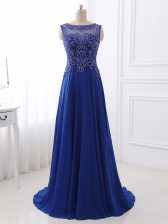  Royal Blue Prom Party Dress Prom and Party with Beading Bateau Sleeveless Sweep Train Side Zipper