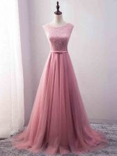  Zipper Prom Dress Pink for Prom and Party and Military Ball and Beach with Beading and Belt Brush Train