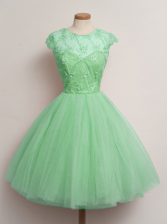 Ideal Turquoise Lace Up Vestidos de Damas Lace Cap Sleeves Knee Length