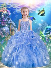 Cheap Floor Length Lace Up Kids Pageant Dress Light Blue for Quinceanera and Wedding Party with Beading and Ruffles