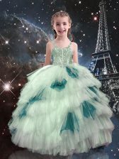  White Lace Up Little Girl Pageant Dress Beading and Ruffled Layers Sleeveless Floor Length