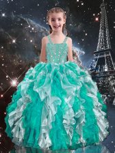 Lovely Floor Length Turquoise Kids Formal Wear Straps Sleeveless Lace Up