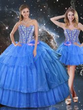 Dazzling Baby Blue Sleeveless Floor Length Ruffled Layers and Sequins Lace Up Ball Gown Prom Dress