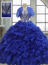 Unique Floor Length Ball Gowns Short Sleeves Royal Blue Vestidos de Quinceanera Lace Up
