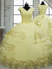 Fine Light Yellow Quinceanera Dresses Military Ball and Sweet 16 and Quinceanera with Beading and Embroidery V-neck Cap Sleeves Brush Train Lace Up