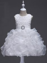  Sleeveless Knee Length Ruffles and Belt Lace Up Little Girls Pageant Gowns with White