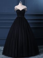  Beading Dress for Prom Black Side Zipper Short Sleeves Floor Length