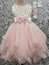 Trendy Beading and Hand Made Flower Kids Pageant Dress Baby Pink Backless Sleeveless Asymmetrical